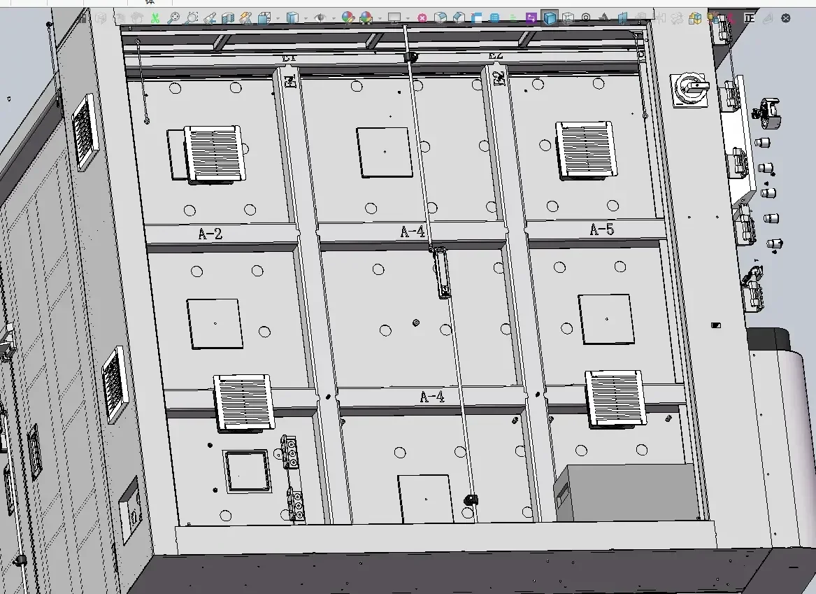 CAD schematic of embedded internal panel structure for industrial CT lead shielding cabinet