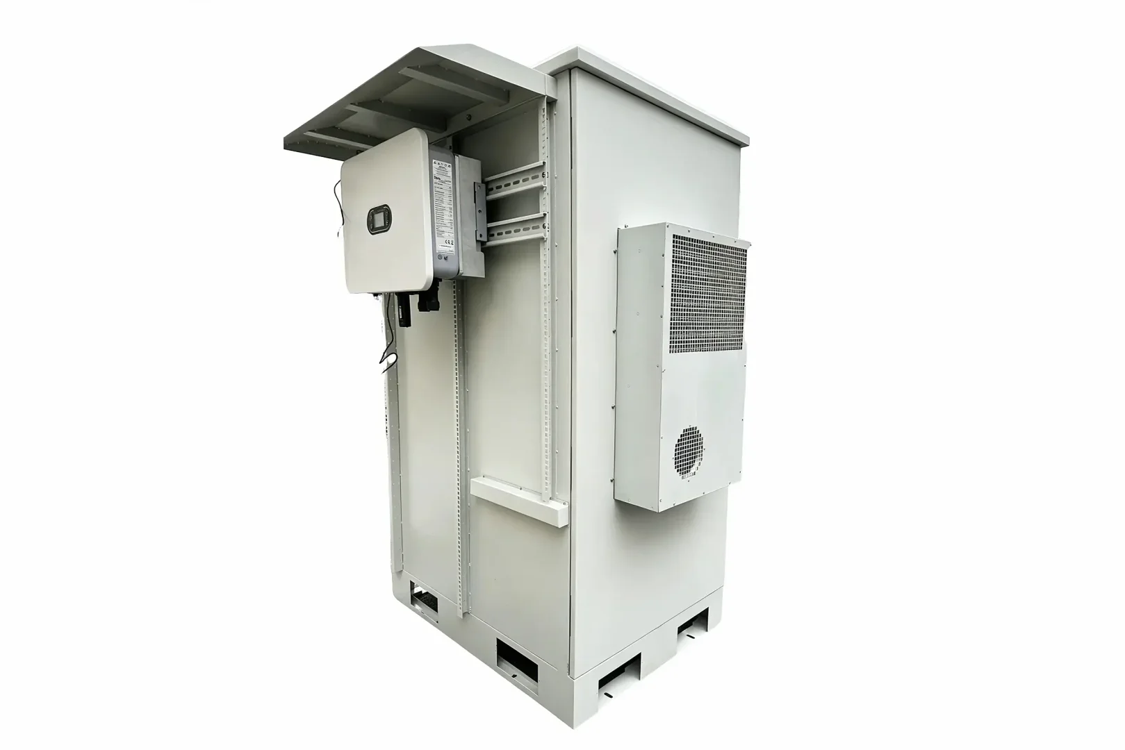Outdoor sheet metal energy storage cabinet with integrated air cooling unit and rain hood