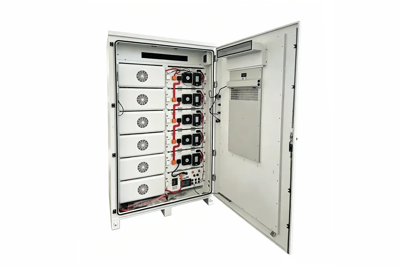 Open door interior shot of custom metal enclosure for industrial battery energy storage system, built-in cooling layout and wiring compartments