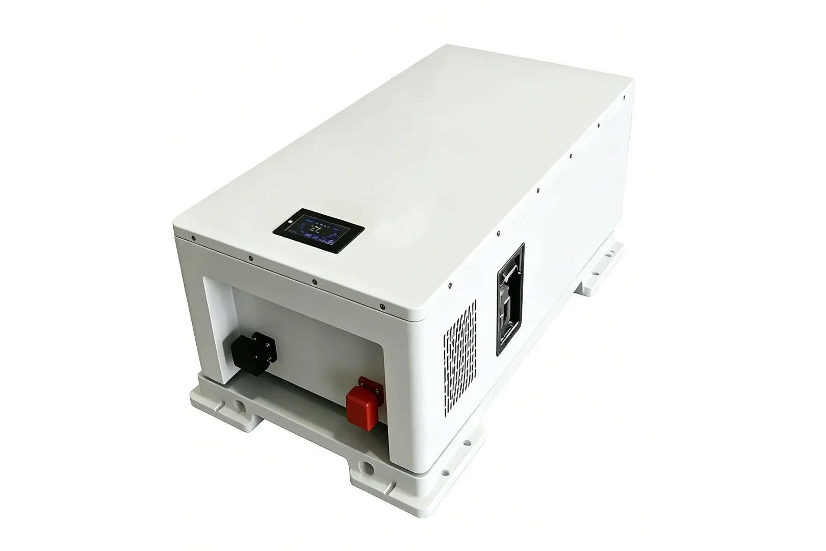 White sheet metal enclosure for residential home battery energy storage system with display screen and terminal ports