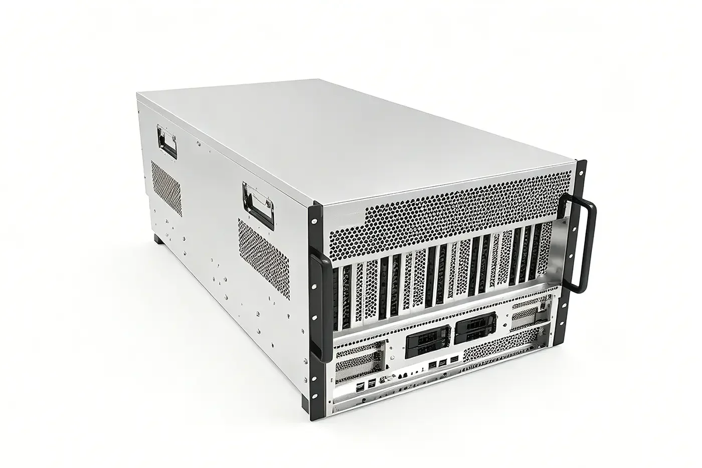4U rackmount server sheet metal chassis with perforated ventilation panels and heavy-duty rack handles for data center hardware