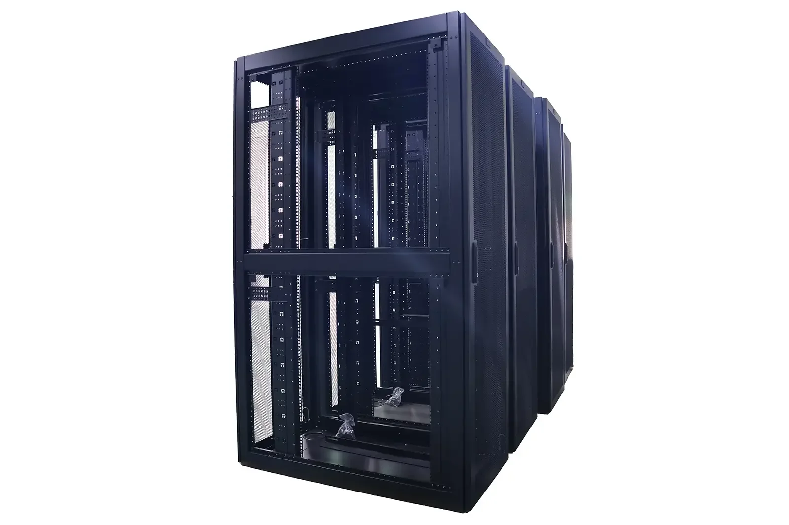 Front view of black perforated metal server rack cabinet for data center network equipment, customizable standard and non-standard sizes