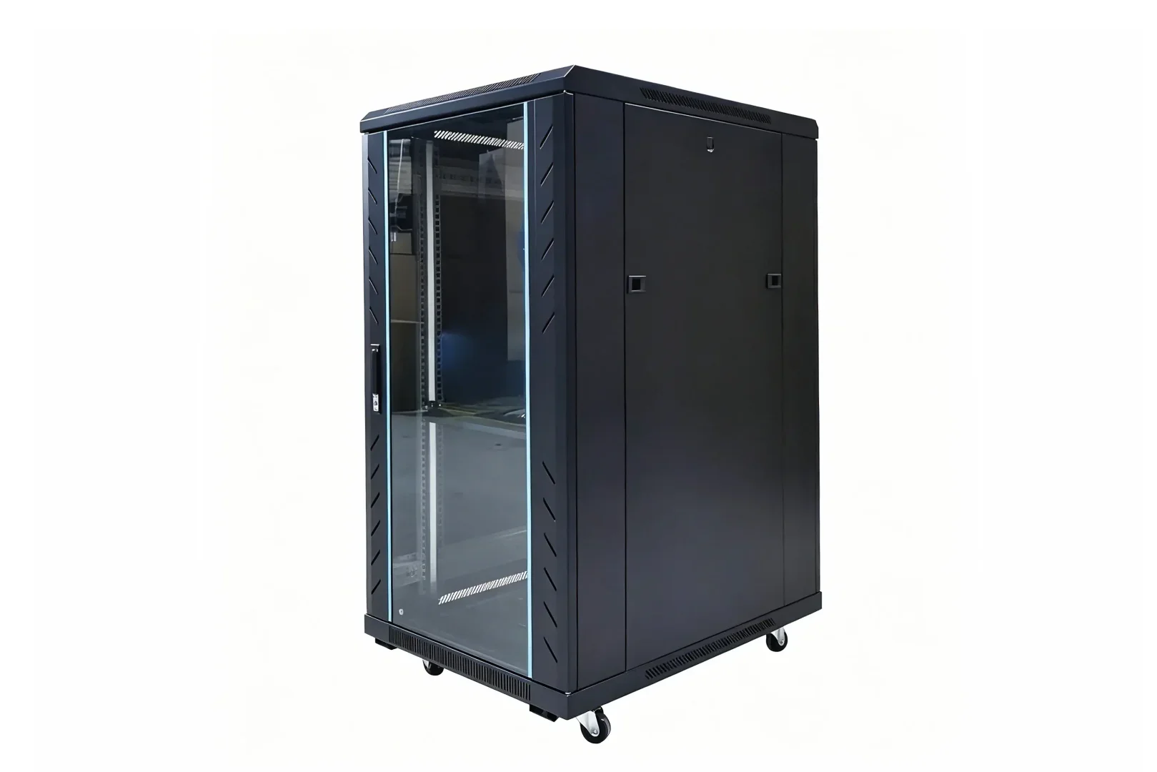 Closed dustproof sheet metal server cabinet with solid panels to block dust, designed for data center IT equipment storage