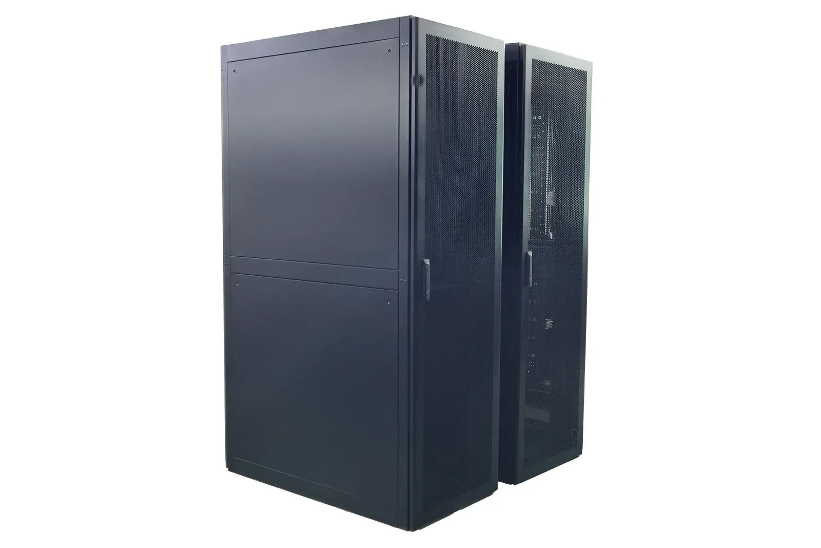 Black floor-standing SPCC steel server rack with solid front panel and perforated mesh vent door for data center IT hardware storage