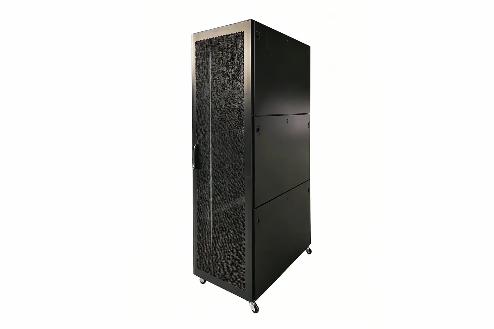 Black floor standing server cabinet with perforated mesh front door, side storage compartments and rolling casters for data center equipment housing
