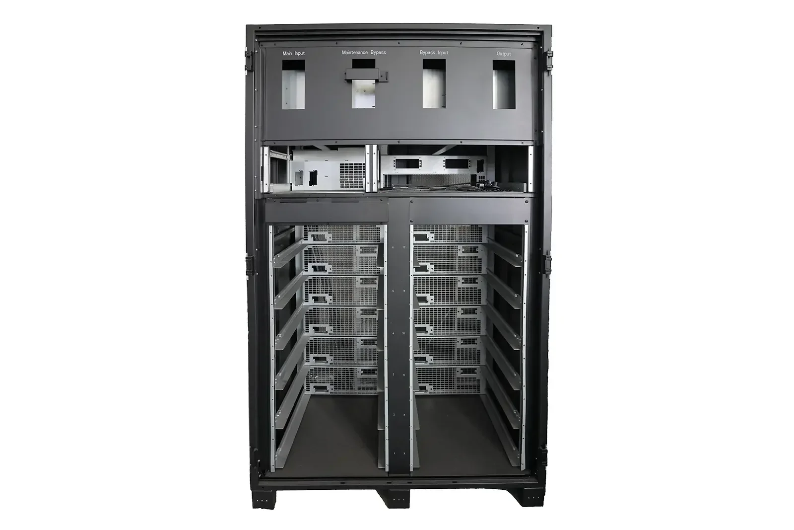 Interior view of large black metal rack cabinet built for data center power and energy storage equipment, layered wire mesh storage compartments