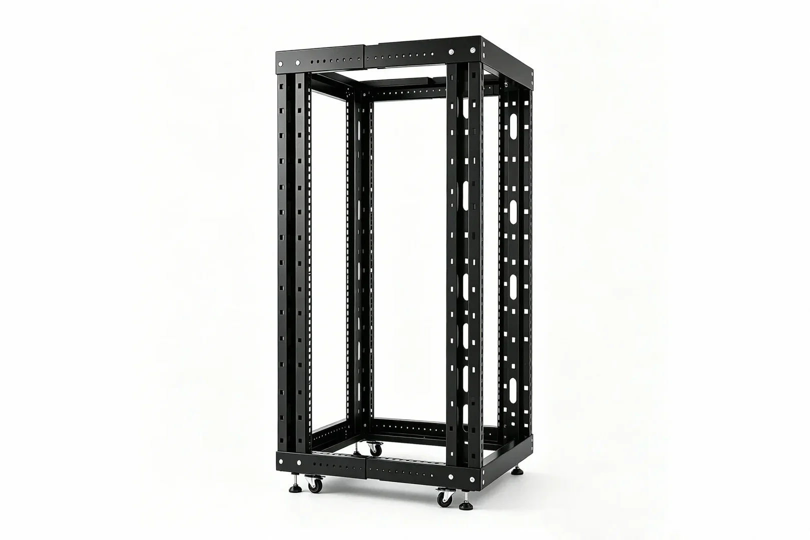 Black open frame server rack with adjustable mounting rails, rolling casters and leveling feet for data center IT hardware installation