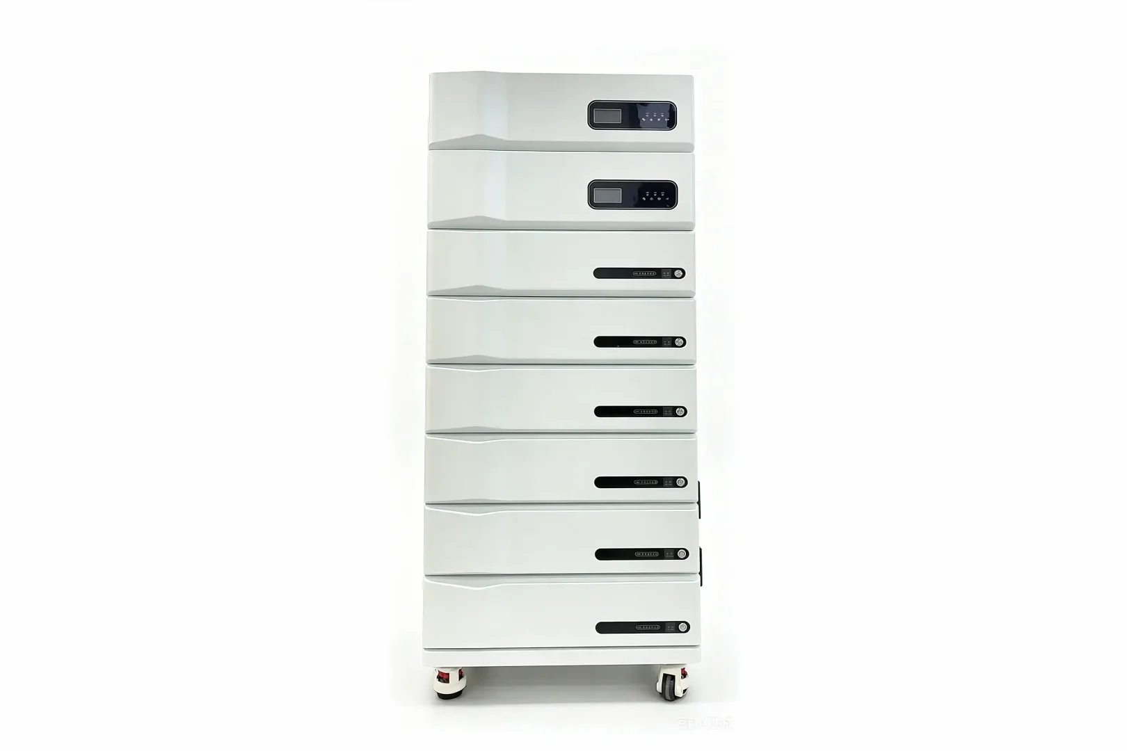 Modular stackable sheet metal enclosure for home lithium battery energy storage system with display panels and lockable casters
