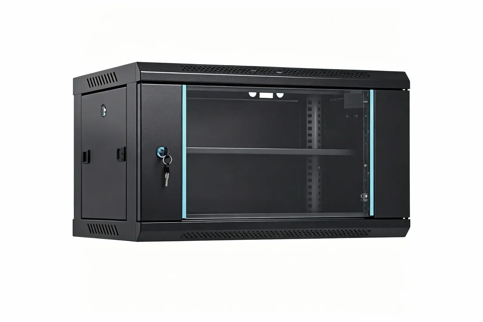 Wall mount compact server rack cabinet with lockable glass door and ventilation openings
