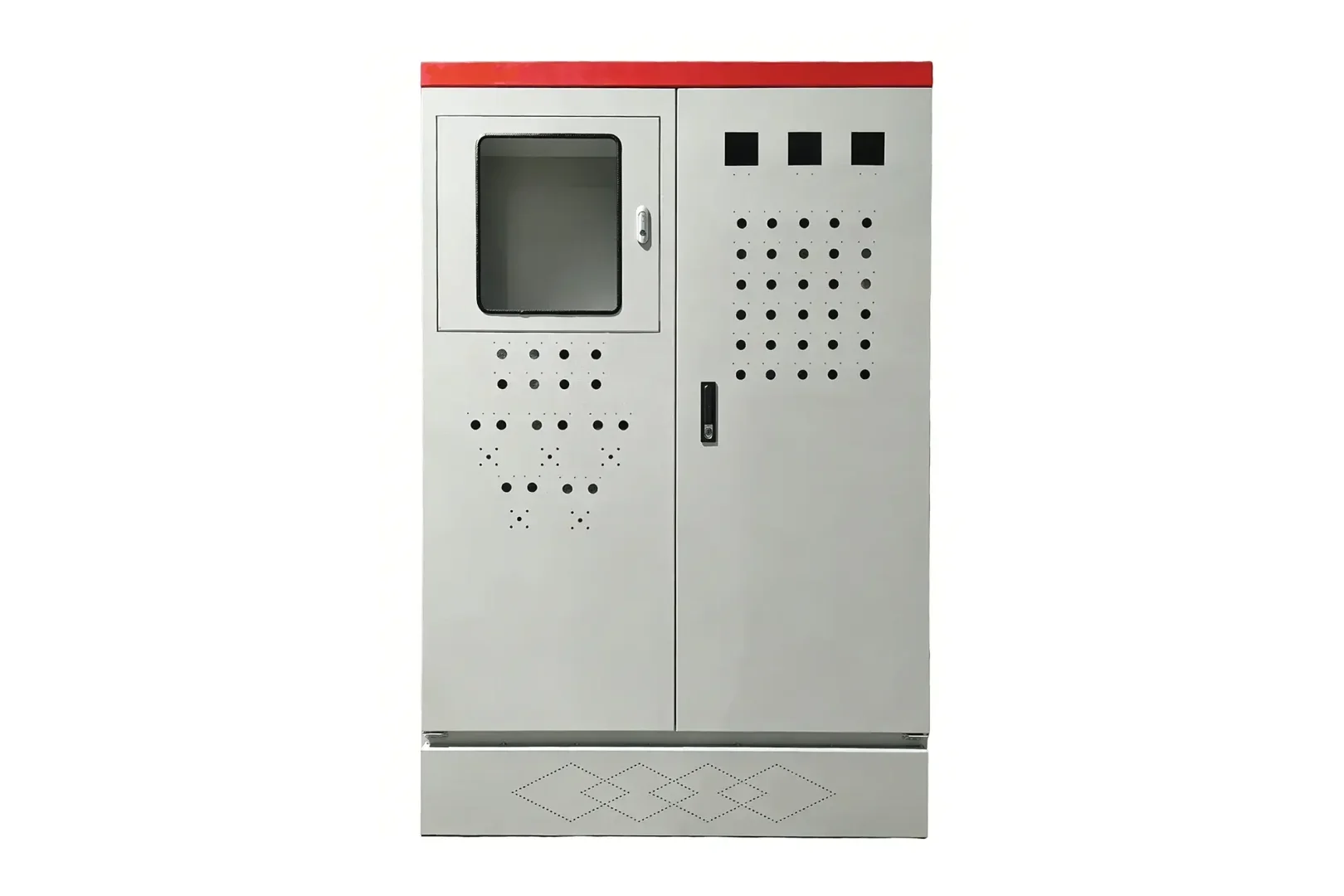 Sheet metal dual-door electrical cabinet with viewing window and pre-punched ventilation holes