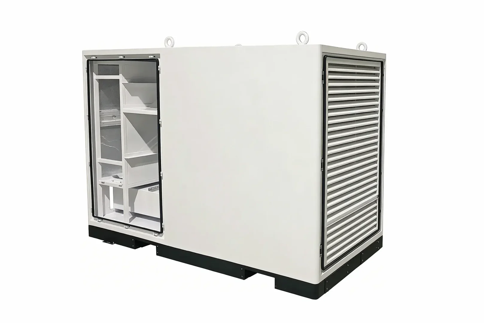 Custom sheet metal integrated energy storage and charging enclosure with louver ventilation, internal compartment layout and lifting lugs for commercial ESS systems