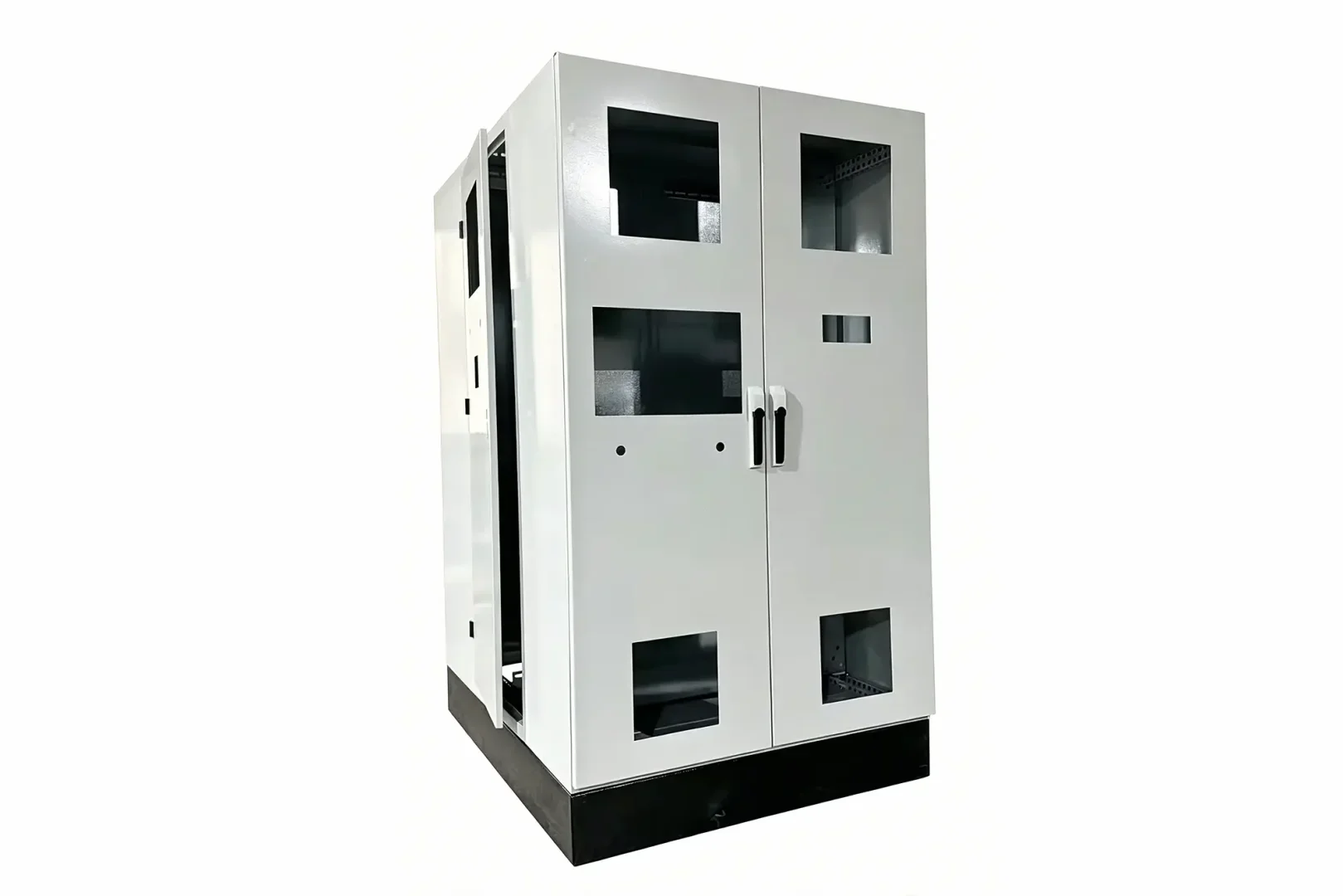 Custom double door sheet metal electrical control cabinet with pre-cut view windows for industrial equipment