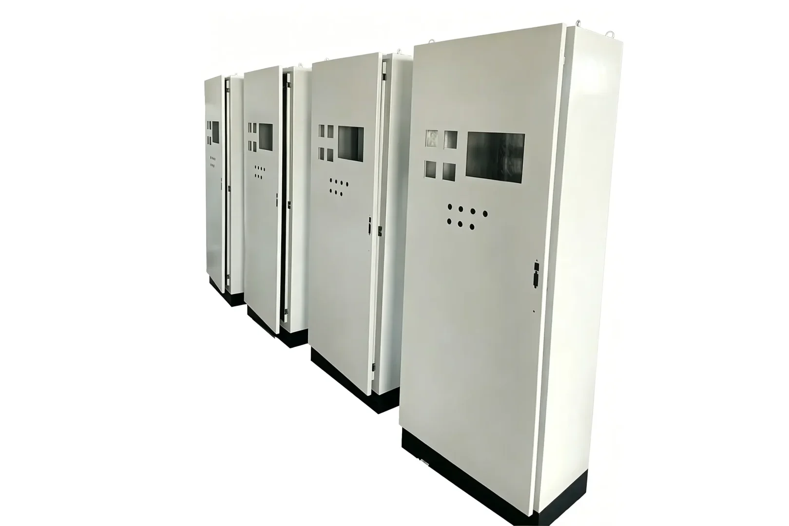 White metal PLC control cabinet enclosures with custom cutouts for industrial automation equipment
