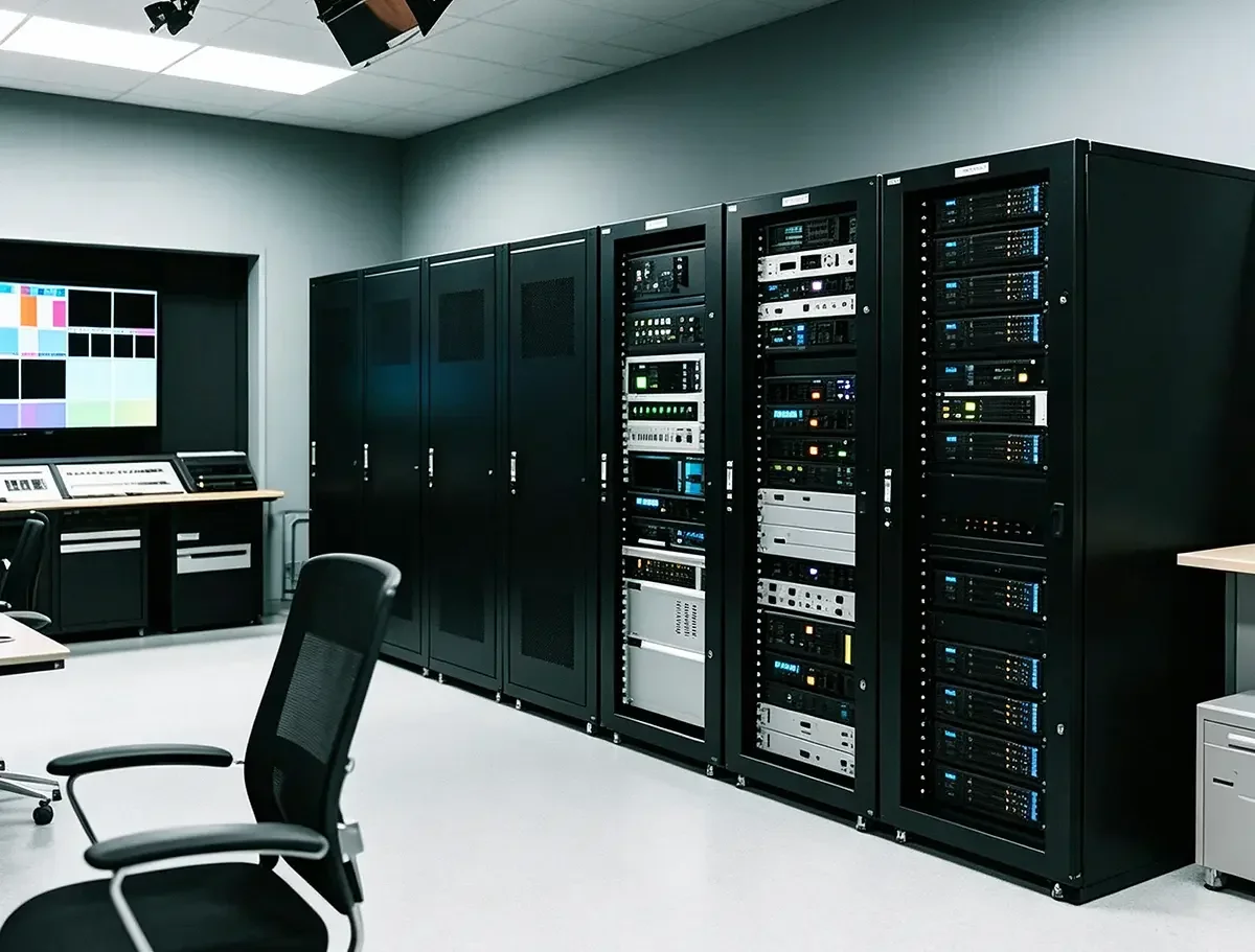 Black metal server racks filled with audio broadcast hardware inside professional media production control studio