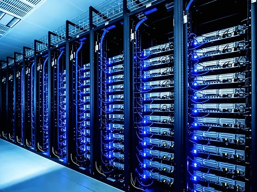 Rows of server racks inside commercial data center with integrated backup energy storage systems