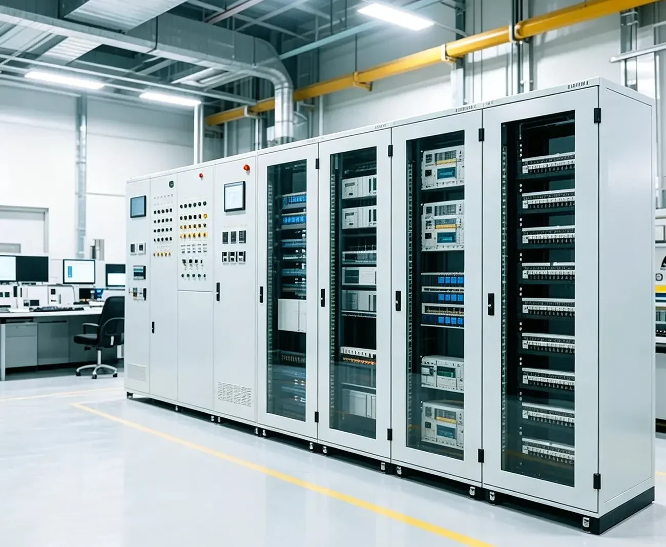 Floor-standing metal electrical server and PLC control cabinets inside clean industrial automation production plant control room