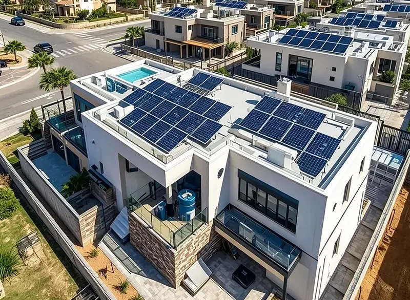 Modern suburban home with rooftop solar panel array for residential energy storage system