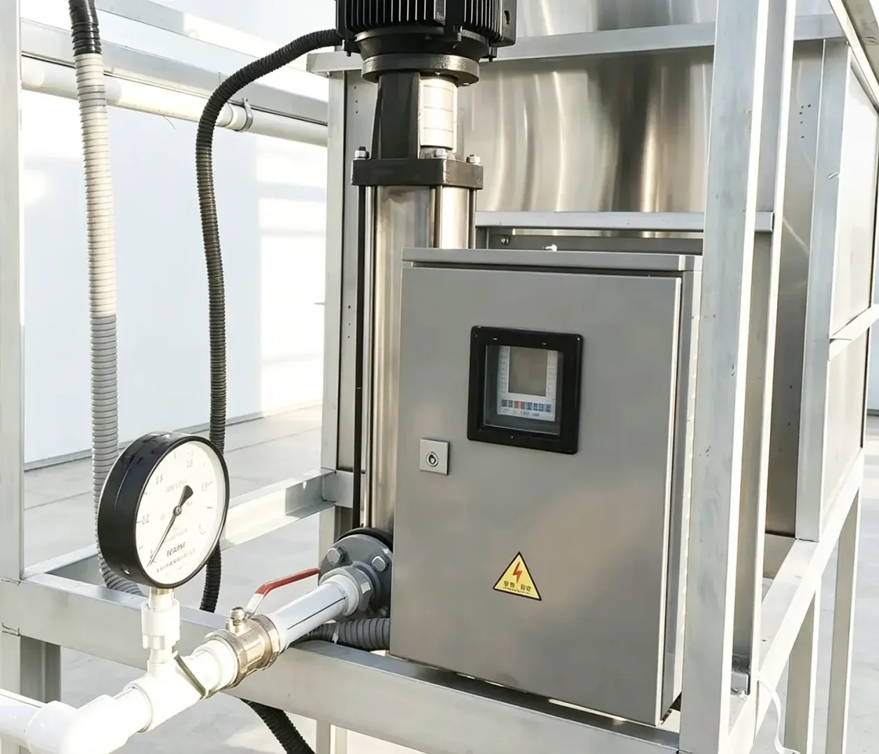 Stainless steel electrical control enclosure mounted on industrial fluid processing equipment outdoors