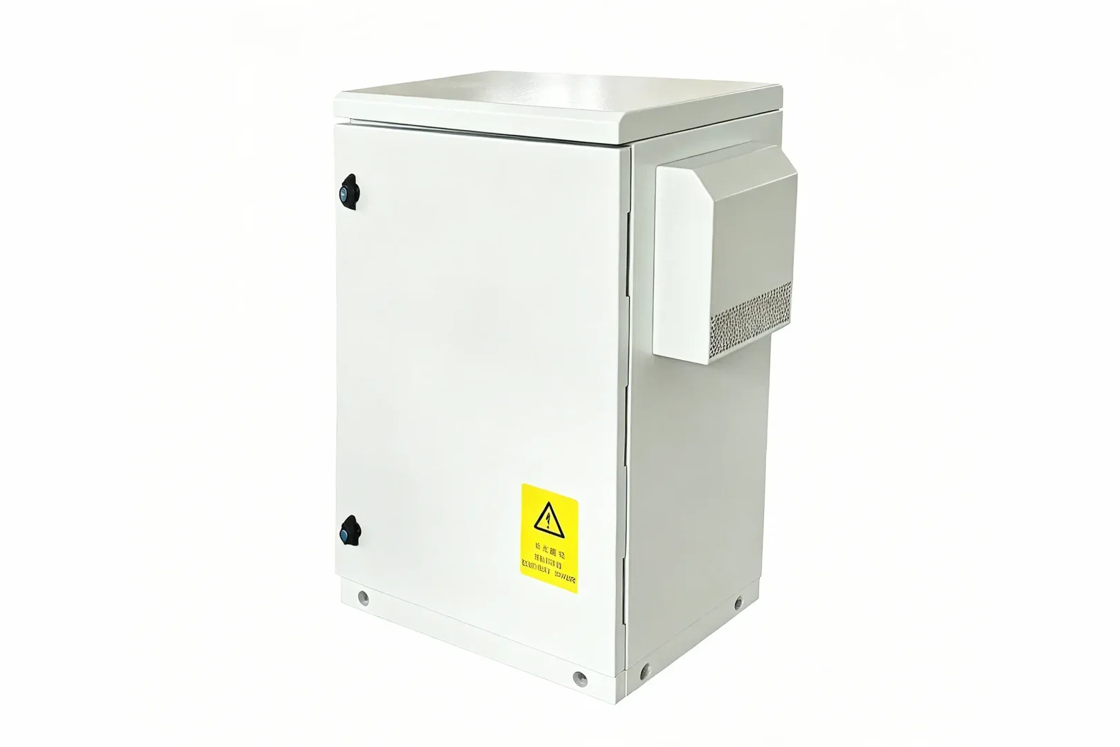 White wall mounted metal electrical cabinet with side ventilation unit and safety warning label