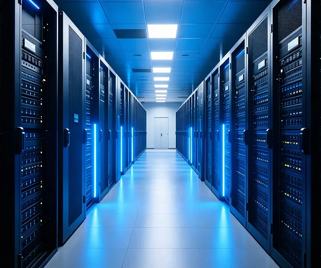 Rows of black metal server cabinets lining a clean, modern enterprise data center aisle with blue LED lighting