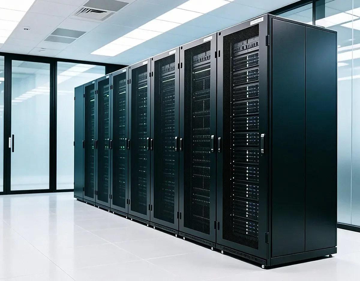 Line of black mesh-door server cabinets inside clean corporate IT data room with glass partition walls