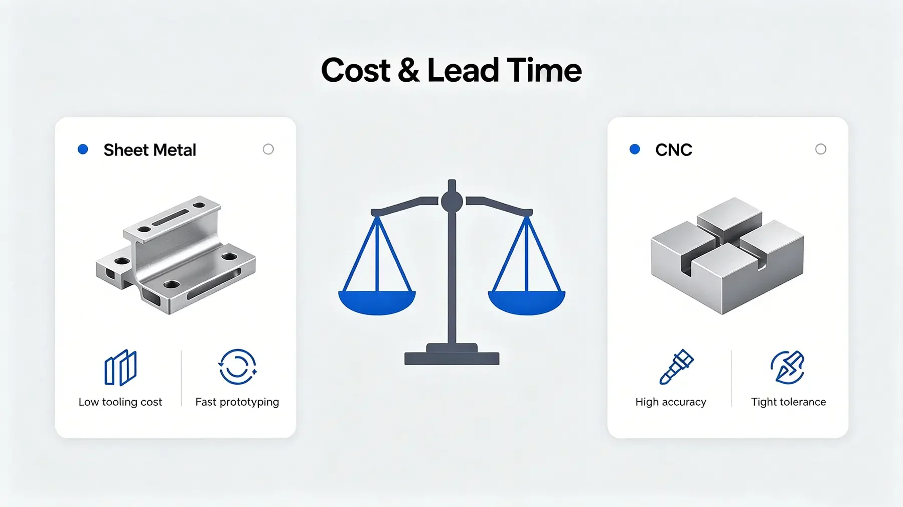 Infographic comparing cost, lead time and advantages of sheet metal fabrication versus CNC machined metal parts