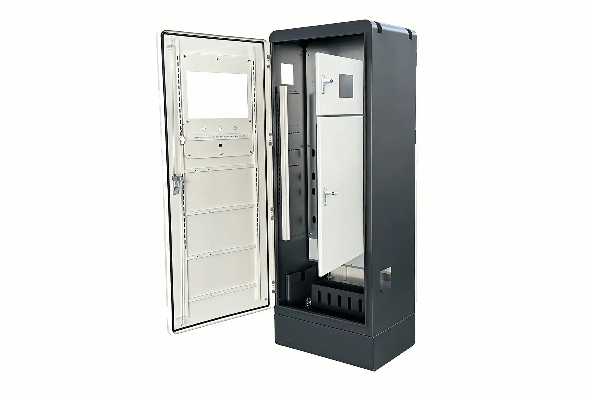 Open door free standing industrial electrical control cabinet with internal mounting panels