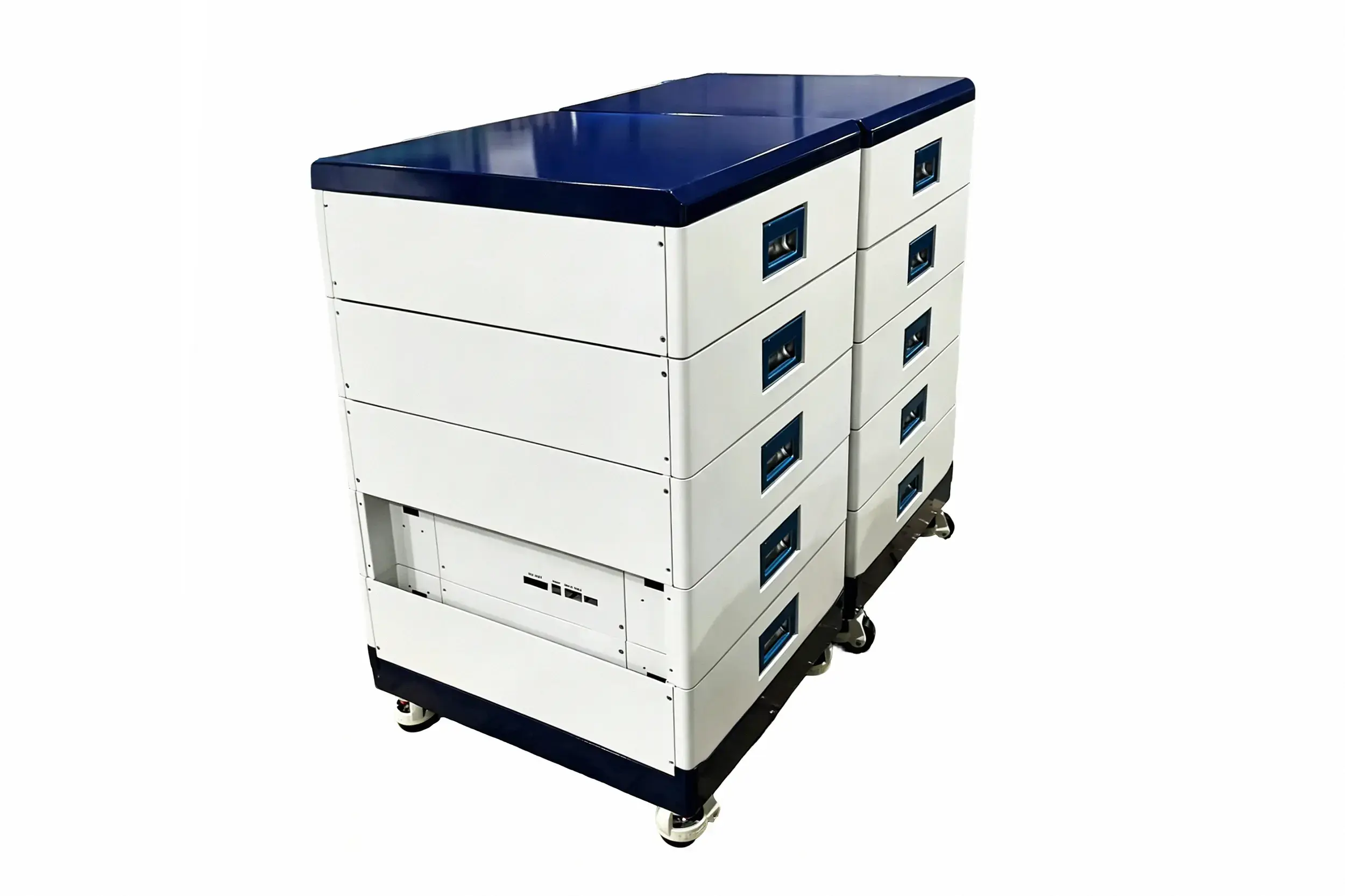 Custom stackable sheet metal lithium battery storage cabinet housing with rolling casters for residential solar energy storage systems