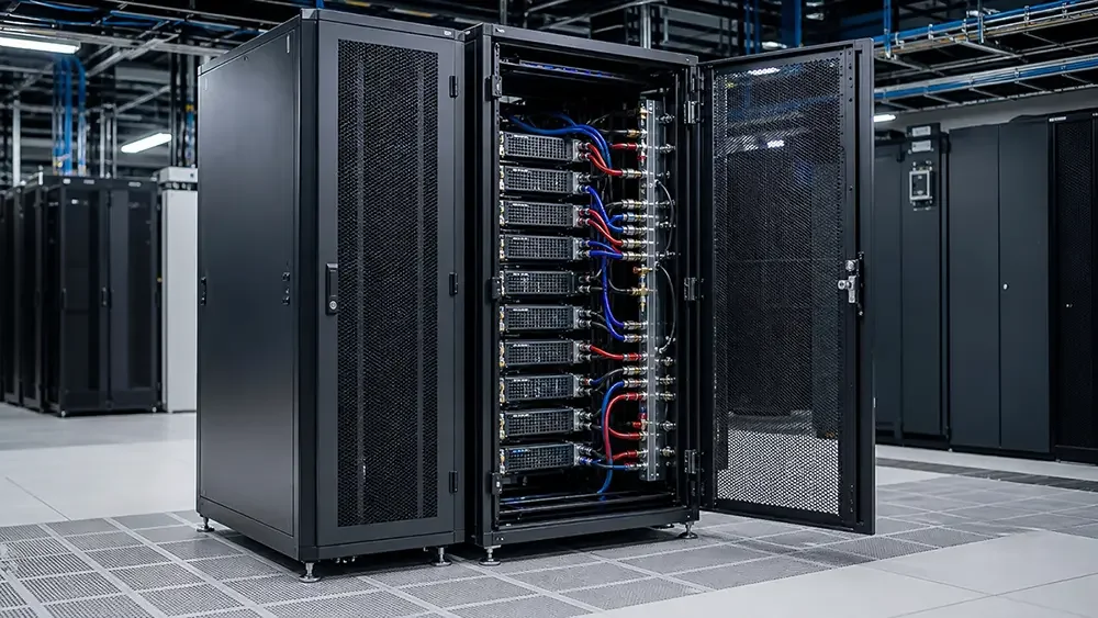 Open AI server rack with perforated doors, server trays, coolant hoses, and a vertical manifold in a data center