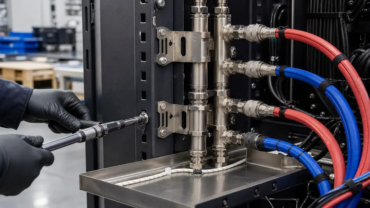 Close-up of a liquid-cooled server rack manifold on sheet metal brackets above a leak-detection drip tray