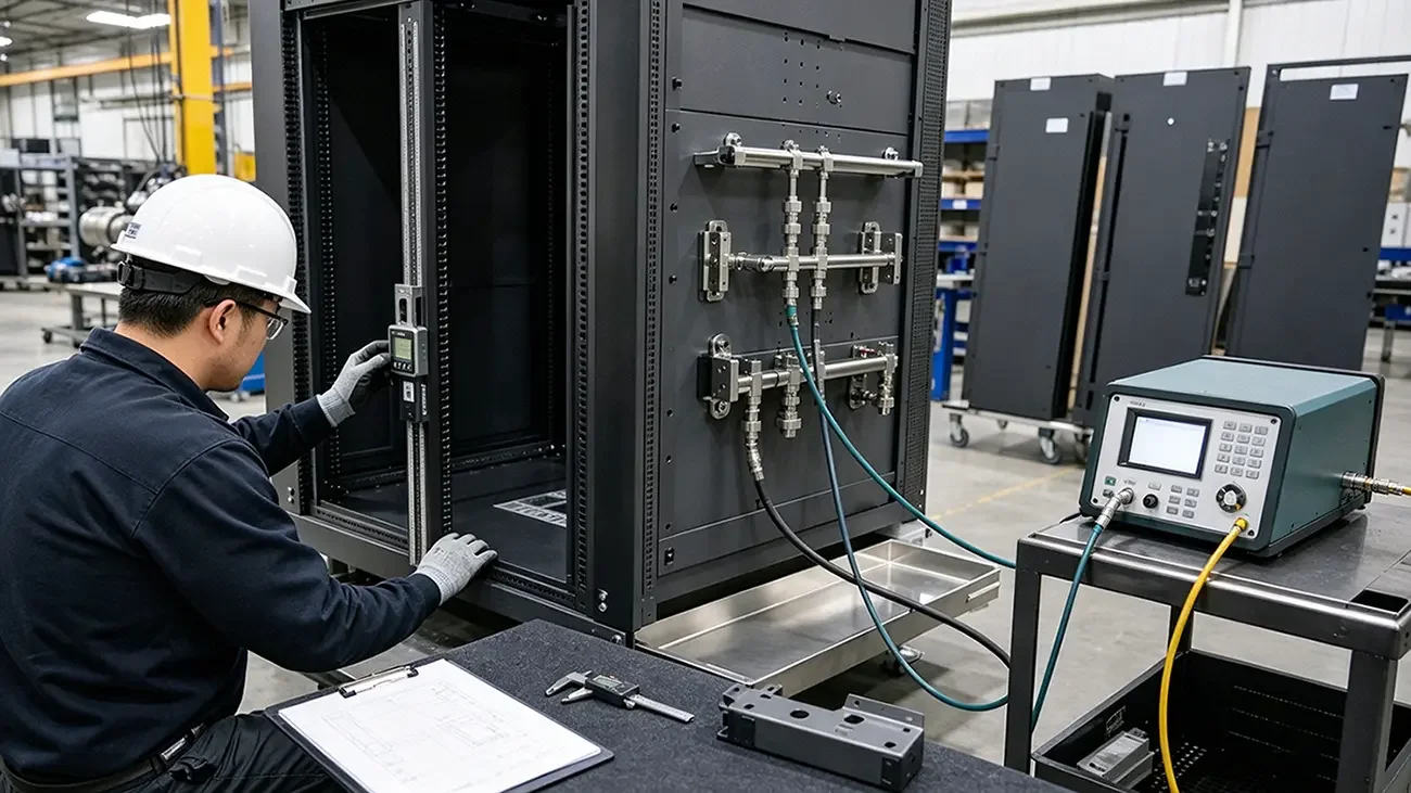Quality technician checking server rack rail alignment and a liquid cooling manifold pressure-decay test